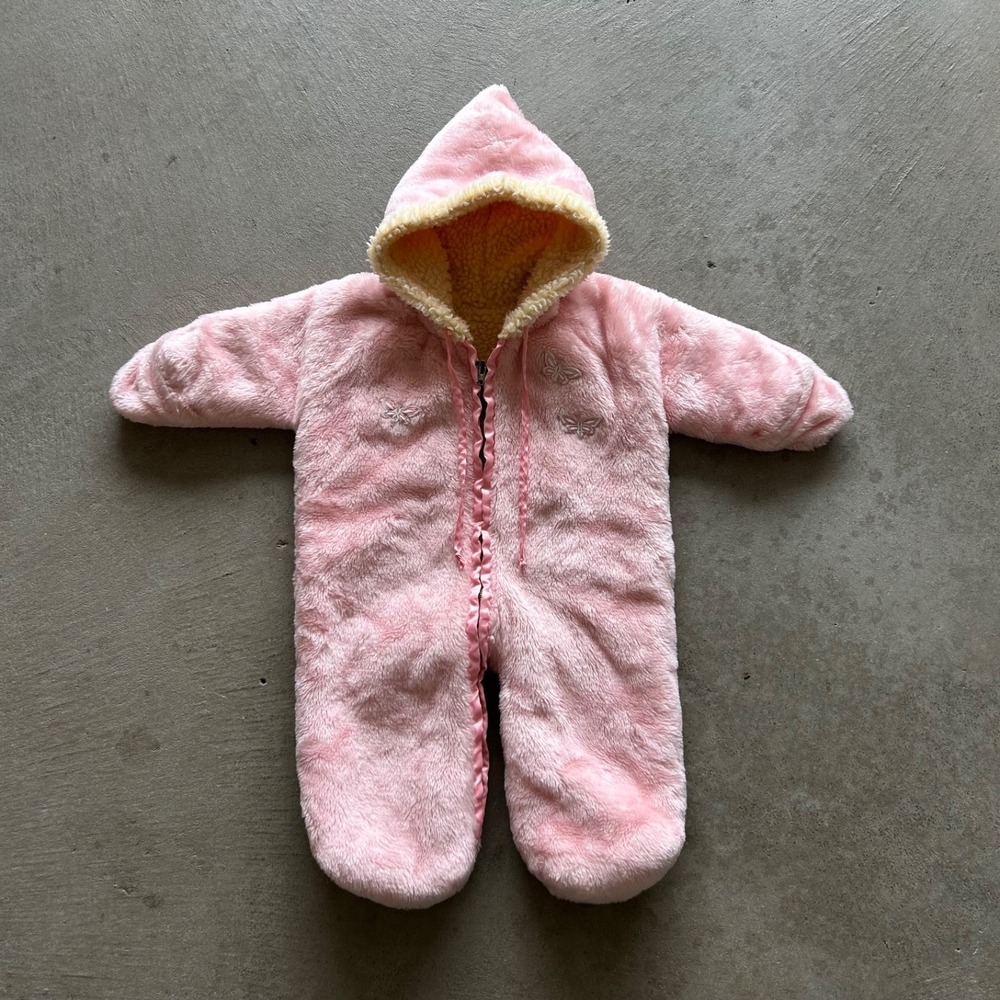 Vintage 60s C&C Fleece Sherpa One Piece Size 12-18‎ Months Pink Footed Snow Suit